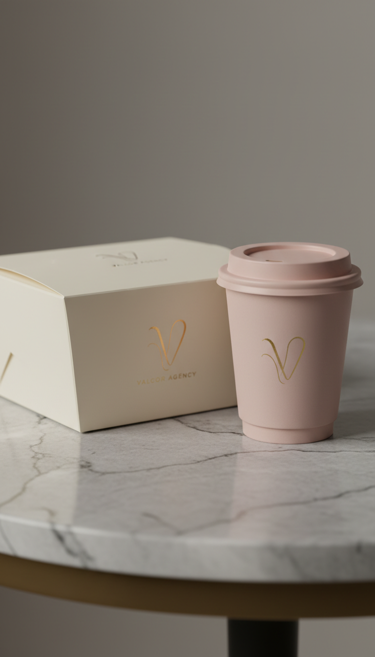 A close-up of bespoke restaurant packaging designed by Valcor Agency, including a matte finish takeout box and an elegant, blush-toned coffee cup. Both display a minimalist gold-foil logo with refined linework. The packaging rests atop a smooth stone surface with subtle variegation. Ambient soft studio lighting lends gentle highlights to the gold accents and casts faint, atmospheric shadows. The camera angle is low and close, creating an intimate, tactile feel with shallow depth of field that blurs the background into graduated muted grays. The composition is asymmetrically balanced and clean, emphasizing the premium, thoughtful design. The image style is true-to-life photographic with minimalist, sophisticated detail, reinforcing Valcor’s commitment to elevated brand touchpoints for clients in hospitality and lifestyle sectors.