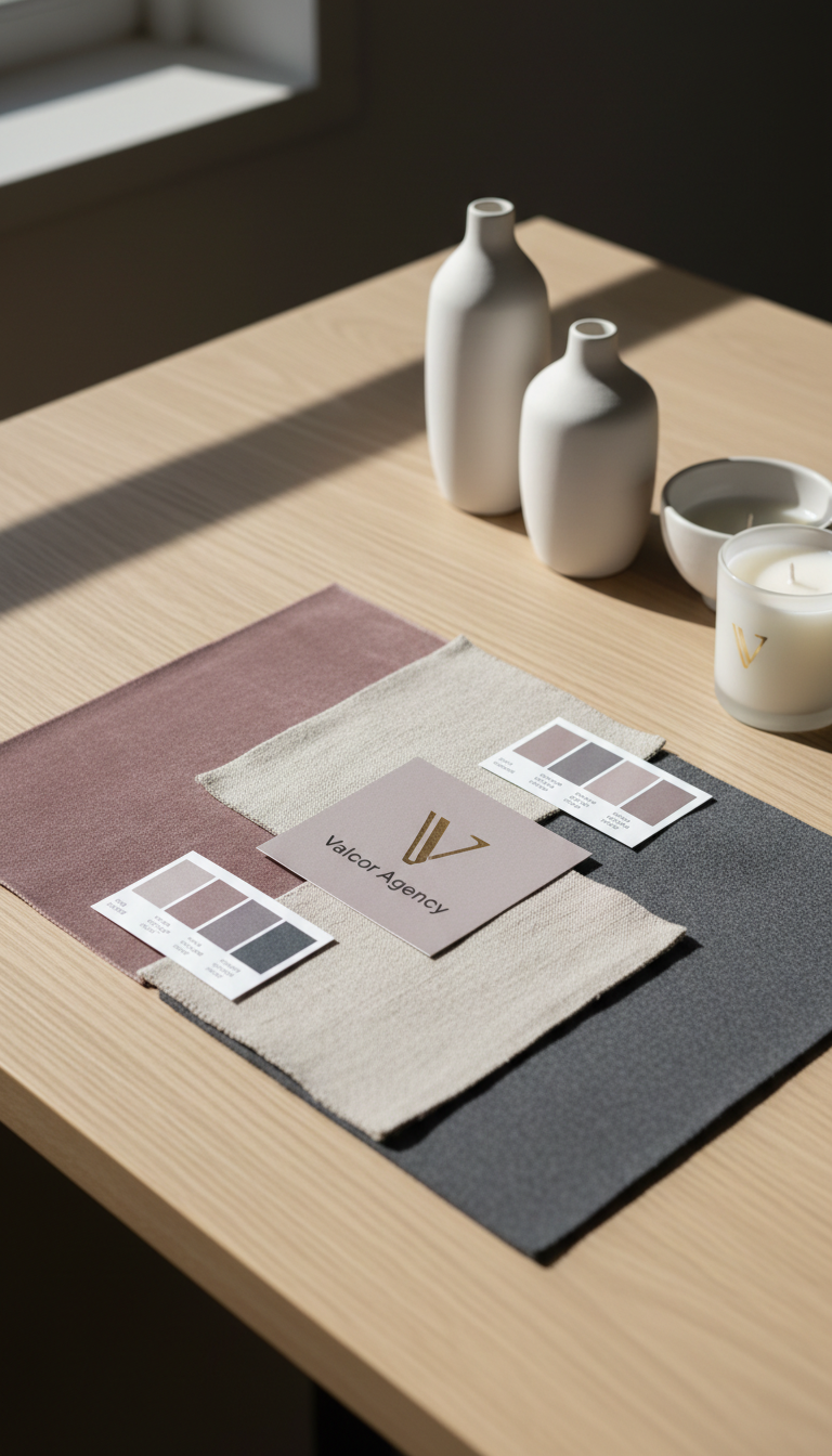 A sophisticated brand moodboard assembled on a pale oak surface, featuring curated swatches of textured fabrics in muted mauve, stone, and slate, paired with small printed cards showcasing Valcor Agency's logo and color palette. Next to the moodboard, elegant ceramic objects and a single white branded candle add atmospheric touches. Soft natural daylight from an unseen window creates subtle gradients and gentle shadows, offering tactile contrast and a feeling of warmth. The composition uses the rule of thirds for modern balance, with selective focus drawing attention to the logo and color swatches. The mood is intentional, creative, and quietly luxurious. Photographic realism, minimalist styling, and refined, muted tones all speak to Valcor's sophisticated approach to brand experience.