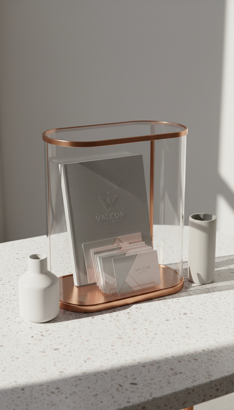 An elegant glass brand identity display case holding a set of refined printed marketing materials, including a matte-finish booklet with the Valcor Agency logo subtly embossed and a set of beautifully designed business cards featuring soft muted greys, blush, and understated copper foil details. The display is arranged on a smooth, pale terrazzo tabletop with fine specks, surrounded by minimalist ceramic vases. Diffused natural studio lighting bathes the scene, creating gentle highlights on the glass and edges, with delicate gradients and soft shadows for depth. The composition is centered and harmoniously balanced, shot at eye-level with a slight angle to convey sophistication, clarity, and the boutique agency’s focus on quality. The mood feels calm, intentional, and professionally elevated. The artistic style is photographic realism with a minimalist, refined aesthetic that exemplifies Valcor’s sophisticated brand vision.