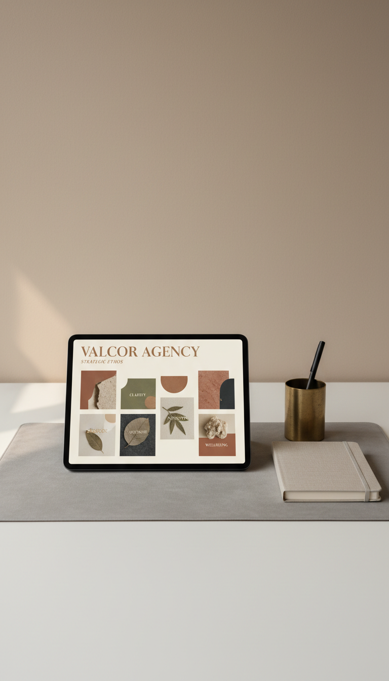 A meticulously arranged minimalist workspace scene featuring a sleek, matte black tablet displaying a visually striking digital brand strategy moodboard, shown in muted earth tones and elegant typography. The tablet rests on a subtle dove-grey suede desk pad, accented by a single closed linen notebook and an antique brass pen holder. The background consists of a whisper-soft gradient wall in gentle taupe. Ambient overcast daylight filters in from the side, creating soft, natural light with understated reflections. The composition uses strong horizontal lines and negative space, shot from a top-down perspective to emphasize the clarity and intentional arrangement. The atmosphere is focused yet tranquil, embodying modern professionalism. The style is ultra-minimalist photographic, with refined details and a sophisticated palette, aligning with Valcor Agency’s strategic and aesthetic ethos.