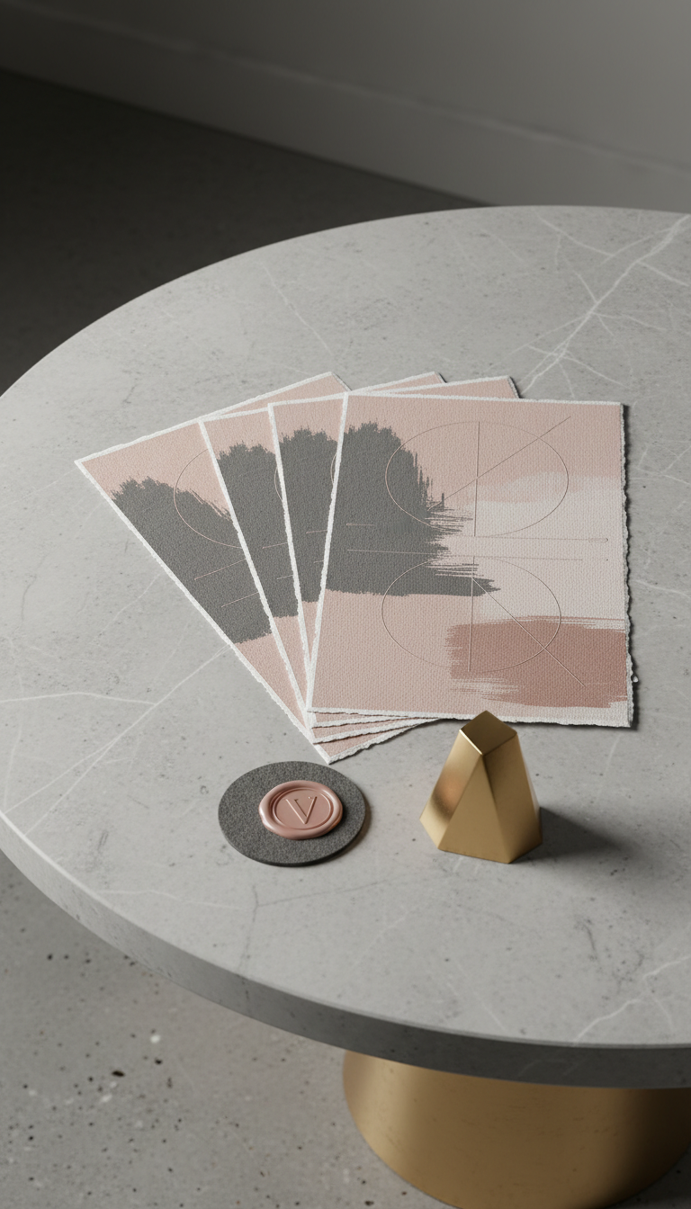 A stylized tabletop scene showcasing a stack of artisan menu prototypes for a contemporary restaurant, each menu with thick textured paper, understated blush and charcoal accents, and subtle embossed patterns. They sit slightly fanned atop a round, pale concrete tabletop with feathered veining, surrounded by delicate branding elements: a tiny branded wax seal, a minimalist coaster, and a geometric brass paperweight. Soft directional studio lighting from above creates gentle highlights and muted gradients, enhancing the tactile qualities of the materials. The composition features careful layering and asymmetrical balance, captured at a slight side angle for a sense of depth and luxury. The atmosphere is quietly creative and refined, perfect for conveying Valcor’s expertise in hospitality branding. The style is photographic realism with minimalist, elevated detail.